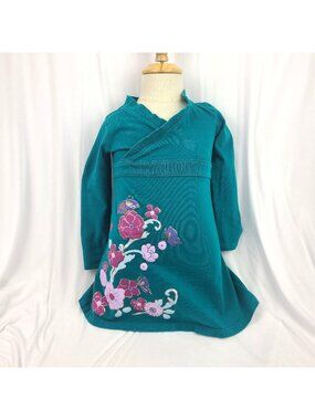 Tea Collection Kimono-Style Teal Dress Floral Long Sleeve 100% Cotton Size 3